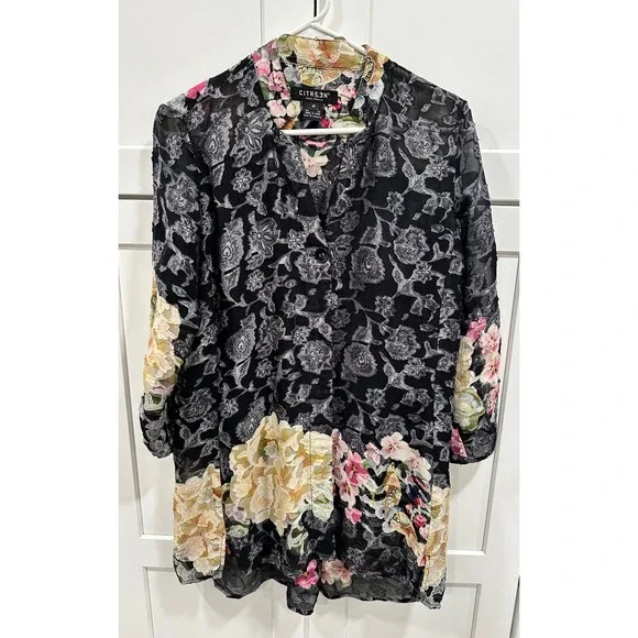 Citron Santa Monica Black Floral Burnout Silk Rayon Tunic Top Womens M - Picture 1 of 5